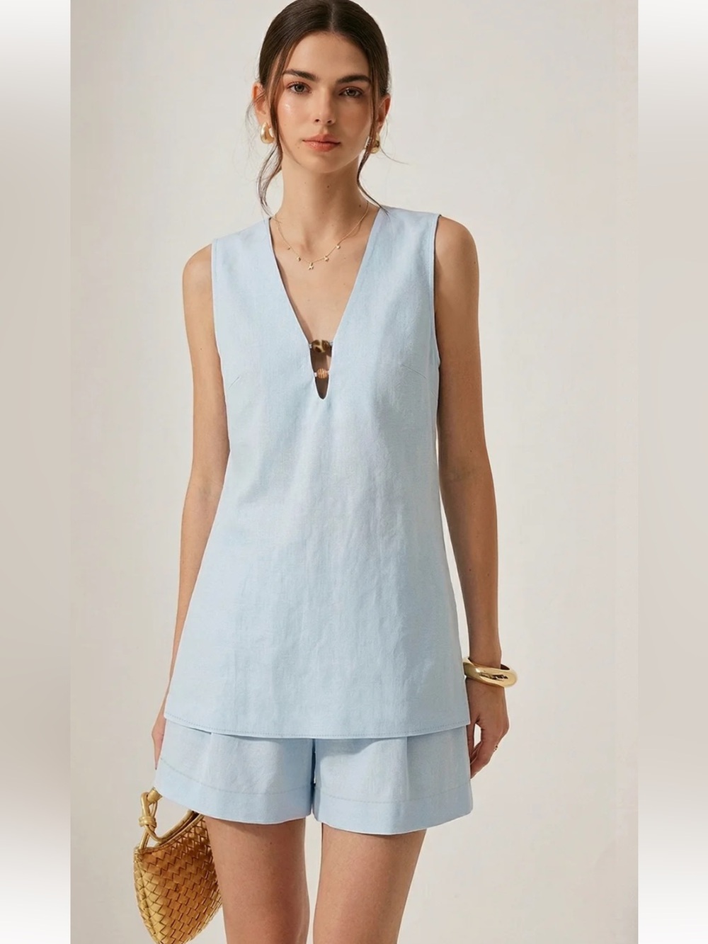 Commense Beaded Linen Blend Top & Shorts Set